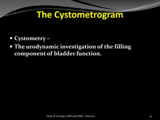 The Cystometrogram
 Cystometry –
 The urodynamic investigation of the filling
component of bladder function.
30
Dept of Urology, GRH and KMC, Chennai.
 