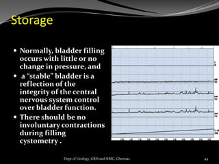 Storage
 Normally, bladder filling
occurs with little or no
change in pressure, and
 a “stable” bladder is a
reflection of the
integrity of the central
nervous system control
over bladder function.
 There should be no
involuntary contractions
during filling
cystometry .
44
Dept of Urology, GRH and KMC, Chennai.
 