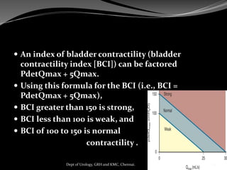  An index of bladder contractility (bladder
contractility index [BCI]) can be factored
PdetQmax + 5Qmax.
 Using this formula for the BCI (i.e., BCI =
PdetQmax + 5Qmax),
 BCI greater than 150 is strong,
 BCI less than 100 is weak, and
 BCI of 100 to 150 is normal
contractility .
63
Dept of Urology, GRH and KMC, Chennai.
 