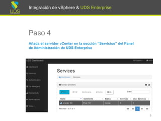Integración de vSphere & UDS Enterprise
Paso 4
Añada el servidor vCenter en la sección “Servicios” del Panel
de Administración de UDS Enterprise
5
Integración de vSphere & UDS Enterprise
 