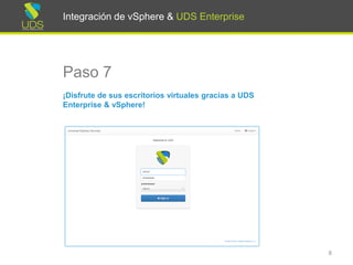 Integración de vSphere & UDS Enterprise
Paso 7
¡Disfrute de sus escritorios virtuales gracias a UDS
Enterprise & vSphere!
8
Integración de vSphere & UDS Enterprise
 