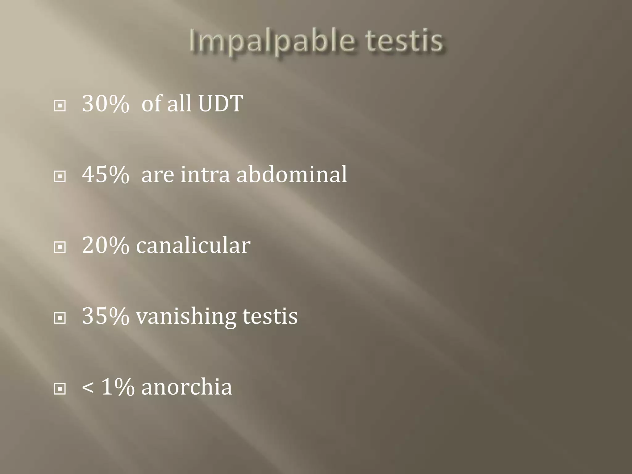  30% of all UDT
 45% are intra abdominal
 20% canalicular
 35% vanishing testis
 < 1% anorchia
 
