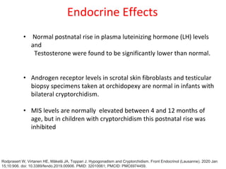Endocrine Effects
• Normal postnatal rise in plasma luteinizing hormone (LH) levels
and
Testosterone were found to be significantly lower than normal.
• Androgen receptor levels in scrotal skin fibroblasts and testicular
biopsy specimens taken at orchidopexy are normal in infants with
bilateral cryptorchidism.
• MIS levels are normally elevated between 4 and 12 months of
age, but in children with cryptorchidism this postnatal rise was
inhibited
Rodprasert W, Virtanen HE, Mäkelä JA, Toppari J. Hypogonadism and Cryptorchidism. Front Endocrinol (Lausanne). 2020 Jan
15;10:906. doi: 10.3389/fendo.2019.00906. PMID: 32010061; PMCID: PMC6974459.
 