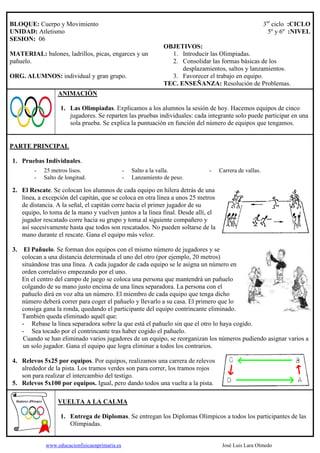 3er ciclo :CICLO
5º y 6º :NIVEL

BLOQUE: Cuerpo y Movimiento
UNIDAD: Atletismo
SESION: 06
MATERIAL: balones, ladrillos, picas, engarces y un
pañuelo.
ORG. ALUMNOS: individual y gran grupo.

OBJETIVOS:
1. Introducir las Olimpiadas.
2. Consolidar las formas básicas de los
desplazamientos, saltos y lanzamientos.
3. Favorecer el trabajo en equipo.
TEC. ENSEÑANZA: Resolución de Problemas.

ANIMACIÓN
1. Las Olimpiadas. Explicamos a los alumnos la sesión de hoy. Hacemos equipos de cinco
jugadores. Se reparten las pruebas individuales: cada integrante solo puede participar en una
sola prueba. Se explica la puntuación en función del número de equipos que tengamos.

PARTE PRINCIPAL
1. Pruebas Individuales.
-

25 metros lisos.
Salto de longitud.

-

Salto a la valla.
Lanzamiento de peso.

-

Carrera de vallas.

2. El Rescate. Se colocan los alumnos de cada equipo en hilera detrás de una
línea, a excepción del capitán, que se coloca en otra línea a unos 25 metros
de distancia. A la señal, el capitán corre hacia el primer jugador de su
equipo, lo toma de la mano y vuelven juntos a la línea final. Desde allí, el
jugador rescatado corre hacia su grupo y toma al siguiente compañero y
así sucesivamente hasta que todos son rescatados. No pueden soltarse de la
mano durante el rescate. Gana el equipo más veloz.
3.

El Pañuelo. Se forman dos equipos con el mismo número de jugadores y se
colocan a una distancia determinada el uno del otro (por ejemplo, 20 metros)
situándose tras una línea. A cada jugador de cada equipo se le asigna un número en
orden correlativo empezando por el uno.
En el centro del campo de juego se coloca una persona que mantendrá un pañuelo
colgando de su mano justo encima de una línea separadora. La persona con el
pañuelo dirá en voz alta un número. El miembro de cada equipo que tenga dicho
número deberá correr para coger el pañuelo y llevarlo a su casa. El primero que lo
consiga gana la ronda, quedando el participante del equipo contrincante eliminado.
También queda eliminado aquél que:
- Rebase la línea separadora sobre la que está el pañuelo sin que el otro lo haya cogido.
- Sea tocado por el contrincante tras haber cogido el pañuelo.
Cuando se han eliminado varios jugadores de un equipo, se reorganizan los números pudiendo asignar varios a
un solo jugador. Gana el equipo que logra eliminar a todos los contrarios.

4. Relevos 5x25 por equipos. Por equipos, realizamos una carrera de relevos
alrededor de la pista. Los tramos verdes son para correr, los tramos rojos
son para realizar el intercambio del testigo.
5. Relevos 5x100 por equipos. Igual, pero dando todos una vuelta a la pista.
VUELTA A LA CALMA
1. Entrega de Diplomas. Se entregan los Diplomas Olímpicos a todos los participantes de las
Olimpiadas.

www.educacionfisicaenprimaria.es

José Luis Lara Olmedo

 