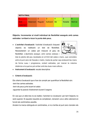 26
Objectiu: Incrementar el nivell individual de flexibilitat asseguts amb cames
estirades i arribant a tocar la punta dels peus.
 L’activitat d’avaluació: l’activitat d’avaluació d’aquest
objectiu es realitzarà un test de flexibilitat.
Necessitarem un calaix per mesurar el grau de
flexibilitat. L’alumne/a assegut, amb cames esteses i
tota la planta del peu recolzada en el límit del calaix o banc, que coincideix
amb el punt zero de l'escala o metro, tracta de portar cap endavant les mans
de forma suau i progressiva, evitant estirades, per marcar la màxima
distància a la qual es pot arribar amb les dues mans alhora.
 Instrument d’avaluació: escala descriptiva
 Criteris d’avaluació:
Els criteris d’avaluació que s’han de complir per quantificar la flexibilitat són:
-tenir les cames estirades
-tenir els peus junts tocant el calaix
-aguantar la posició d’estirament durant 5 segons
En cas que un dels tres no es realitzi, l’activitat no s’avaluarà i per tant l’objectiu no
serà superat. Si aquests requisits es compleixen, donarem una o altra valoració en
funció als centímetres assolits.
Anotem la marca obtinguda en centímetres, si no s'arriba al punt zero s'anoten els
NOTA FINAL
0 1 2 3 4 5 6
Molt
malament
Malament Regular Suficient Bé Notable Molt bé
 