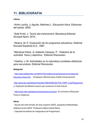 38
11. BIBLIOGRAFIA
Llibres
·Ariño Laviña, J; Aguilar, Martinez L. Educación fisica. Ediciones
del serbal, 2003.
·Solé Fortó, J. Teoría del entrenament. Barcelona.Editorial
Sicropat Sport, 2014.
·Abarca, M. P. Evaluación de los programas educativos. Editorial
Escuela Española S.A., 1987.
·Mendoza Pérez, A; Gallardo Vázquez, P. Didáctica de la
actividad física y deportiva. Editorial Wanceulen.
·Viedma, J. M. Actividades en la naturaleza (unidades didácticas
para secundaria. Editorial Wanceulen
Webgrafia
· http://www.efdeportes.com/efd141/los-estilos-de-ensenanza-en-la-clase-de-
educacion-fisica.htm S’expliquen diferents tipus d’estils d’ensenyament.
·http://www.tdx.cat/bitstream/handle/10803/2942/03.FFQ_PART_II.pdf?sequence=
3 Explicació de diferents accions per conservar el medi natural
· http://www.xtec.cat/web/curriculum/eso/curriculum El currículum d’Educació
Física a Catalunya
Altres
· Apunts del cicle formatiu de Grau Superior AAFE, assignatura Metodologia
didàctica de les AAFE. Professora Helena Santa María.
· Càpsules formatives de l’assignatura de Programació
 