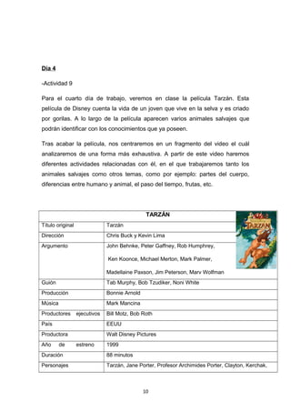 Día 4
-Actividad 9
Para el cuarto día de trabajo, veremos en clase la película Tarzán. Esta
película de Disney cuenta la vida de un joven que vive en la selva y es criado
por gorilas. A lo largo de la película aparecen varios animales salvajes que
podrán identificar con los conocimientos que ya poseen.
Tras acabar la película, nos centraremos en un fragmento del video el cuál
analizaremos de una forma más exhaustiva. A partir de este video haremos
diferentes actividades relacionadas con él, en el que trabajaremos tanto los
animales salvajes como otros temas, como por ejemplo: partes del cuerpo,
diferencias entre humano y animal, el paso del tiempo, frutas, etc.

TARZÁN
Título original

Tarzán

Dirección

Chris Buck y Kevin Lima

Argumento

John Behnke, Peter Gaffney, Rob Humphrey,
Ken Koonce, Michael Merton, Mark Palmer,
Madellaine Paxson, Jim Peterson, Marv Wolfman

Guión

Tab Murphy, Bob Tzudiker, Noni White

Producción

Bonnie Arnold

Música

Mark Mancina

Productores

ejecutivos

Bill Motz, Bob Roth

País

EEUU

Productora

Walt Disney Pictures

Año

de

estreno

1999

Duración

88 minutos

Personajes

Tarzán, Jane Porter, Profesor Archimides Porter, Clayton, Kerchak,

10

 