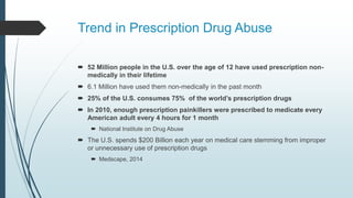 Trend in Prescription Drug Abuse
 52 Million people in the U.S. over the age of 12 have used prescription non-
medically in their lifetime
 6.1 Million have used them non-medically in the past month
 25% of the U.S. consumes 75% of the world’s prescription drugs
 In 2010, enough prescription painkillers were prescribed to medicate every
American adult every 4 hours for 1 month
 National Institute on Drug Abuse
 The U.S. spends $200 Billion each year on medical care stemming from improper
or unnecessary use of prescription drugs
 Medscape, 2014
 