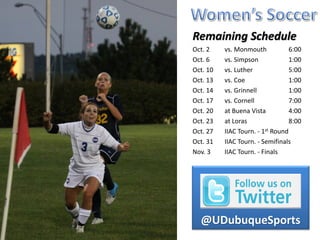 Remaining Schedule
Oct. 2    vs. Monmouth            6:00
Oct. 6    vs. Simpson             1:00
Oct. 10   vs. Luther              5:00
Oct. 13   vs. Coe                 1:00
Oct. 14   vs. Grinnell            1:00
Oct. 17   vs. Cornell             7:00
Oct. 20   at Buena Vista          4:00
Oct. 23   at Loras                8:00
Oct. 27   IIAC Tourn. - 1st Round
Oct. 31   IIAC Tourn. - Semifinals
Nov. 3    IIAC Tourn. - Finals




  @UDubuqueSports
 