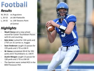 Results
W, 39-21   vs.Augustana
L, 35-53   at UW-Platteville
L, 14-55   vs. UW-Stevens Point
L, 24-31   at Central


Highlights
-   Wyatt Hanus set a new school
    record for Career Touchdown Passes
    with 63 and counting.
-   Kyle Acker rushed for 144 yards and
    2 TD’s on 31 carries vs. Auggie
-   Sean Anderson caught 13 passes for
    170 yards and 1 TD vs UW-P.
-   W. Hanus completed 28-42 for 391
    yards and 3 Touchdowns vs. UW-P.
-   Austin Morgan caught 13 passes for
    138 yards and 1 Touchdown versus
    UW-Stevens Point.
 