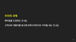 우리의 과제
애자일을 도입하는 것 (X)
고객사와 개발자를 동시에 만족시키면서도 이익을 내는 것 (O)
12
 