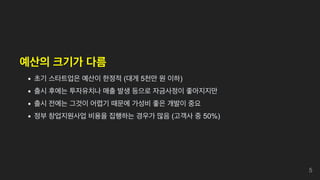 예산의 크기가 다름
초기 스타트업은 예산이 한정적 (대게 5천만 원 이하)
출시 후에는 투자유치나 매출 발생 등으로 자금사정이 좋아지지만
출시 전에는 그것이 어렵기 때문에 가성비 좋은 개발이 중요
정부 창업지원사업 비용을 집행하는 경우가 많음 (고객사 중 50%)
5
 