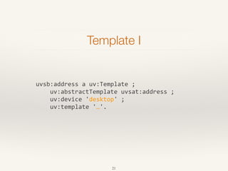 Template: Variables
23
Usage Description Example
Delimiters
<%- %> Output variable HTML-escaped. <%- label.u %>
<%= %> Out...