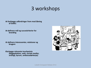 3 workshops

At fastlægge udfordringer frem mod åbning
     af Dokk1


At definere mål og succeskriterier for
    branding...