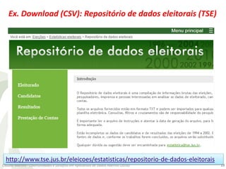 Ex. Download (CSV): Repositório de dados eleitorais (TSE)
http://www.tse.jus.br/eleicoes/estatisticas/repositorio-de-dados...
