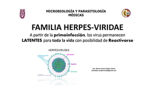 FAMILIA HERPES-VIRIDAE
A partir de la primoinfección, los virus permanecen
LATENTES para toda la vida con posibilidad de Reactivarse
Dra. Blanca Leticia Callejas Dávila
facilitador.academico58@gmail.com
MICROBIOLOGÍA Y PARASITOLOGÍA
MÉDICAS
 