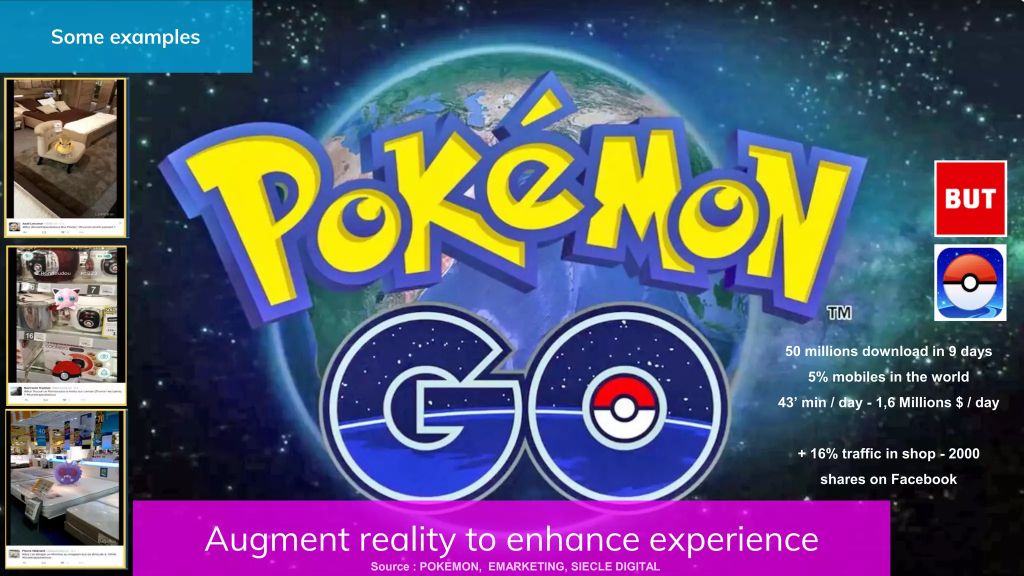 Augment reality to enhance experience
50 millions download in 9 days
5% mobiles in the world
43’ min / day - 1,6 Millions $ / day
+ 16% traffic in shop - 2000
shares on Facebook
Source : POKEMON, EMARKETING, SIECLE DIGITAL
Some examples
 