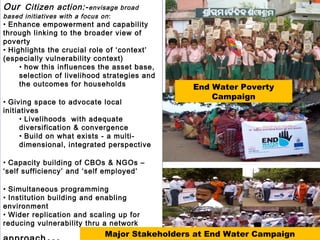 Our Citizen action:-envisage broad
based initiatives with a focus on:
• Enhance empowerment and capability
through linking to the broader view of
poverty
• Highlights the crucial role of ‘context’
(especially vulnerability context)
• how this influences the asset base,
selection of livelihood strategies and
the outcomes for households
• Giving space to advocate local
initiatives
• Livelihoods with adequate
diversification & convergence
• Build on what exists - a multi-
dimensional, integrated perspective
• Capacity building of CBOs & NGOs –
‘self sufficiency’ and ‘self employed’
• Simultaneous programming
• Institution building and enabling
environment
• Wider replication and scaling up for
reducing vulnerability thru a network
Major Stakeholders at End Water Campaign
End Water Poverty
Campaign
 