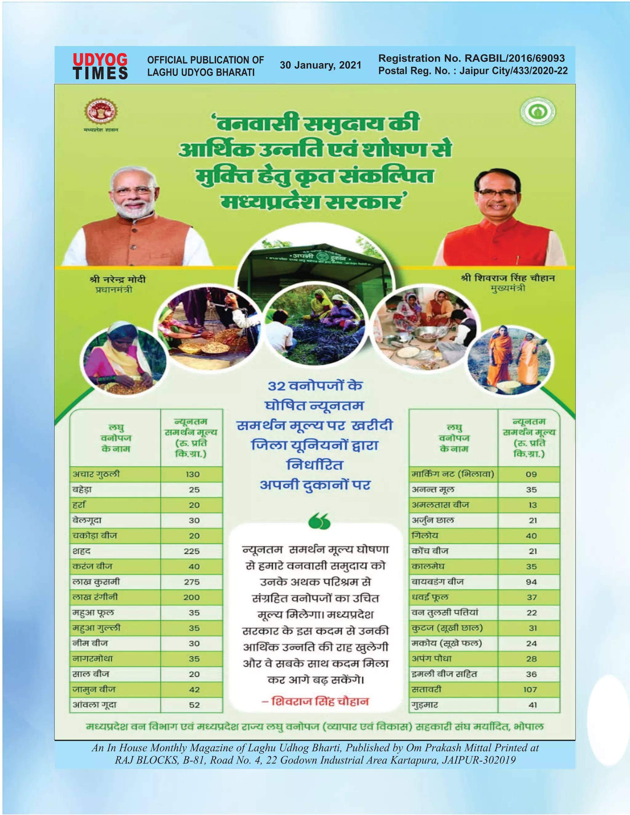 UDYOG OFFICIAL PUBLICATION OF
LAGHU UDYOG BHARATI
30 January, 2021
Registration No. RAGBIL/2016/69093
Postal Reg. No. : Jaipur City/433/2020-22
An In House Monthly Magazine of Laghu Udhog Bharti, Published by Om Prakash Mittal Printed at
RAJ BLOCKS, B-81, Road No. 4, 22 Godown Industrial Area Kartapura, JAIPUR-302019
TIMES
 