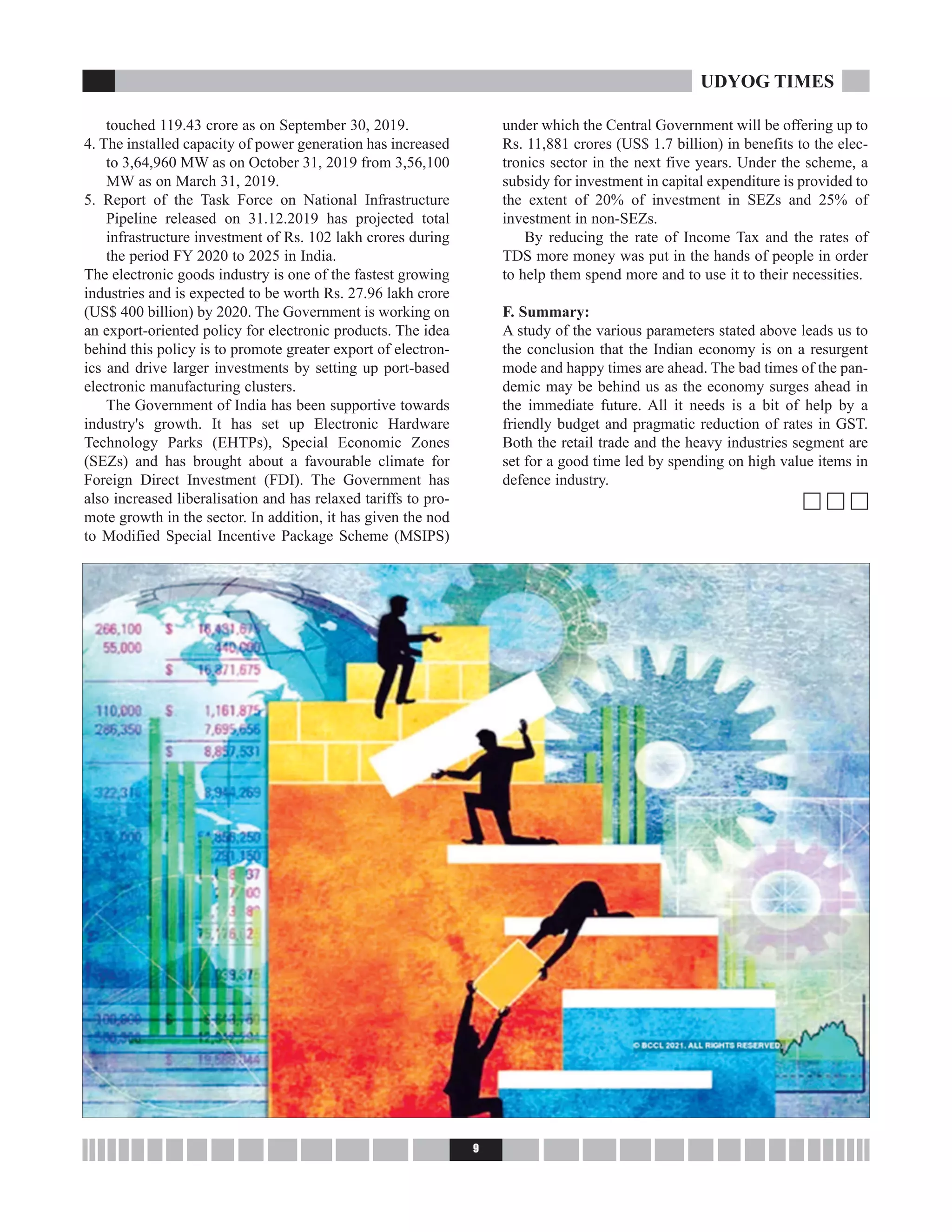 touched 119.43 crore as on September 30, 2019.
4. The installed capacity of power generation has increased
to 3,64,960 MW as on October 31, 2019 from 3,56,100
MW as on March 31, 2019.
5. Report of the Task Force on National Infrastructure
Pipeline released on 31.12.2019 has projected total
infrastructure investment of Rs. 102 lakh crores during
the period FY 2020 to 2025 in India.
The electronic goods industry is one of the fastest growing
industries and is expected to be worth Rs. 27.96 lakh crore
(US$ 400 billion) by 2020. The Government is working on
an export-oriented policy for electronic products. The idea
behind this policy is to promote greater export of electron-
ics and drive larger investments by setting up port-based
electronic manufacturing clusters.
The Government of India has been supportive towards
industry's growth. It has set up Electronic Hardware
Technology Parks (EHTPs), Special Economic Zones
(SEZs) and has brought about a favourable climate for
Foreign Direct Investment (FDI). The Government has
also increased liberalisation and has relaxed tariffs to pro-
mote growth in the sector. In addition, it has given the nod
to Modified Special Incentive Package Scheme (MSIPS)
under which the Central Government will be offering up to
Rs. 11,881 crores (US$ 1.7 billion) in benefits to the elec-
tronics sector in the next five years. Under the scheme, a
subsidy for investment in capital expenditure is provided to
the extent of 20% of investment in SEZs and 25% of
investment in non-SEZs.
By reducing the rate of Income Tax and the rates of
TDS more money was put in the hands of people in order
to help them spend more and to use it to their necessities.
F. Summary:
A study of the various parameters stated above leads us to
the conclusion that the Indian economy is on a resurgent
mode and happy times are ahead. The bad times of the pan-
demic may be behind us as the economy surges ahead in
the immediate future. All it needs is a bit of help by a
friendly budget and pragmatic reduction of rates in GST.
Both the retail trade and the heavy industries segment are
set for a good time led by spending on high value items in
defence industry.
c c c
9
UDYOG TIMES
 