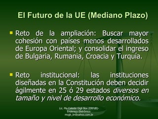 El Futuro de la UE (Mediano Plazo) Reto de la ampliación: Buscar mayor cohesión con países menos desarrollados de Europa Oriental; y consolidar el ingreso de Bulgaria, Rumania, Croacia y Turquía.  Reto institucional: las instituciones diseñadas en la Constitución deben decidir ágilmente en 25 ó 29 estados  diversos en tamaño y nivel de desarrollo económico.   Lic. Ma.Celeste Gigli Box (ERFdB)- Endereço Eletrônico: mcgb_br@yahoo.com.br 