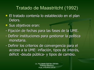 Tratado de Maastritcht (1992) El tratado contenía lo establecido en el plan Delors. Sus objetivos eran: - Fijación de fechas para las fases de la UME. - Definir instituciones para gestionar la política monetaria. - Definir los criterios de convergencia para el acceso a la UME: inflación, tipos de interés, déficit -deuda pública- y tipos de cambio. Lic. Ma.Celeste Gigli Box (ERFdB)- Endereço Eletrônico: mcgb_br@yahoo.com.br 