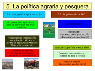 5. La política agraria y pesquera 5.1. Una política agraria común 5.2. Objetivos de la PAC UE: potenció la agricultura  para no tener que importar productos Modernización instalaciones Mecanización del campo Inversión agricultura intensiva Mejora de producción Concesión de créditos Compra de excedentes Limitación de importaciones Resultado:  aumento de la producción (demasiados excedentes) Reducir superficie menos fértil Convertir tierra cultivo en  espacio de ocio o forestal Reducir precios  (para poder vender fuera) AUTOCONSUMO 