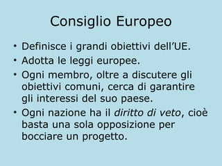 Consiglio Europeo
• Definisce i grandi obiettivi dell’UE.
• Adotta le leggi europee.
• Ogni membro, oltre a discutere gli
obiettivi comuni, cerca di garantire
gli interessi del suo paese.
• Ogni nazione ha il diritto di veto, cioè
basta una sola opposizione per
bocciare un progetto.

 