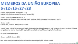 Apresentação elaborada pela Professora FERNANDA BRUM LOPES, disciplina de Geografia
-Europa dos 6 (Membros Fundadores): 1957
Belgica, Holanda, Luxemburgo, Alemanha, França e Itália
-Europa dos 12 (A partir da década de 70)
Reino Unido(1973), Grecia (1981), Portugal(1986), Espanha (1986), Irlanda(1973) e Dinamarca (1973)
-Europa dos 15
Suécia(1995), Finlândia (1995) e Áustria (1995)
-Europa dos 27 (momento de maior entrada de países: 2004) 15 anos após a Guerra Fria, entram tb os países do lado oriental da
Europa (Letonia, Estônia, Lituania, Eslovaquia, Eslovenia, Polônia, Rep Tcheca, Hungria, Malta e Chipre)
Em 2007: Romenia e Bulgária
-Europa dos 28: Croácia em 2013
OBS: Reino Unido(libra esterlina) e Dinamarca(coroa dinamarquesa) não utilizam o euro
 