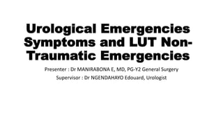 Urological Emergencies
Symptoms and LUT Non-
Traumatic Emergencies
Presenter : Dr MANIRABONA E, MD, PG-Y2 General Surgery
Supervisor : Dr NGENDAHAYO Edouard, Urologist
 