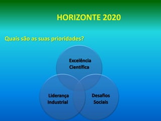 HORIZONTE 2020

Quais são as suas prioridades?


                             Excelência
                             Científica




                 Liderança                Desafios
                Industrial                 Sociais
 
