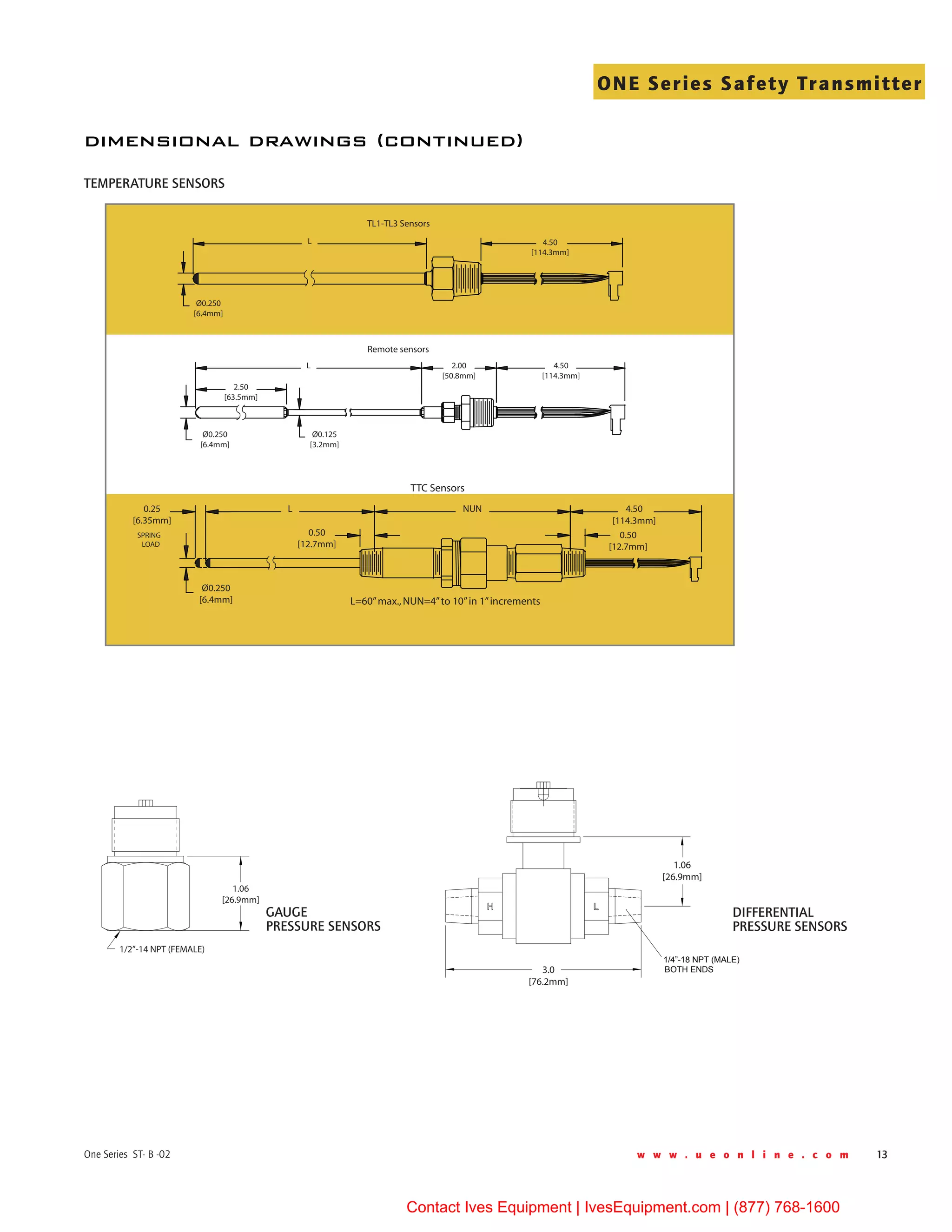 w w w . u e o n l i n e . c o m 13One Series ST- B -02
ONE Series Safety Transmitter
4.50
[114.3mm]
Ø0.250
[6.4mm]
2.50
[63.5mm]
L 2.00
[50.8mm]
4.50
[114.3mm]
Ø0.125
[3.2mm]
0.50
[12.7mm]
L
0.50
[12.7mm]
L NUN 4.50
[114.3mm]
0.25
[6.35mm]
SPRING
LOAD
TL1-TL3 Sensors
Remote sensors
TTC Sensors
Ø0.250
[6.4mm]
Ø0.250
[6.4mm] L=60”max.,NUN=4”to 10”in 1”increments
TEMPERATURE sensors
DIFFERENTIAL
Pressure SENSORS
GAUGE
PRESSURE SENSORS
1.06
[26.9mm]
1/2”-14 NPT (FEMALE)
1/4”-18 NPT (MALE)
BOTH ENDS3.0
[76.2mm]
1.06
[26.9mm]
dimensional drawings (continued)
Contact Ives Equipment | IvesEquipment.com | (877) 768-1600
 