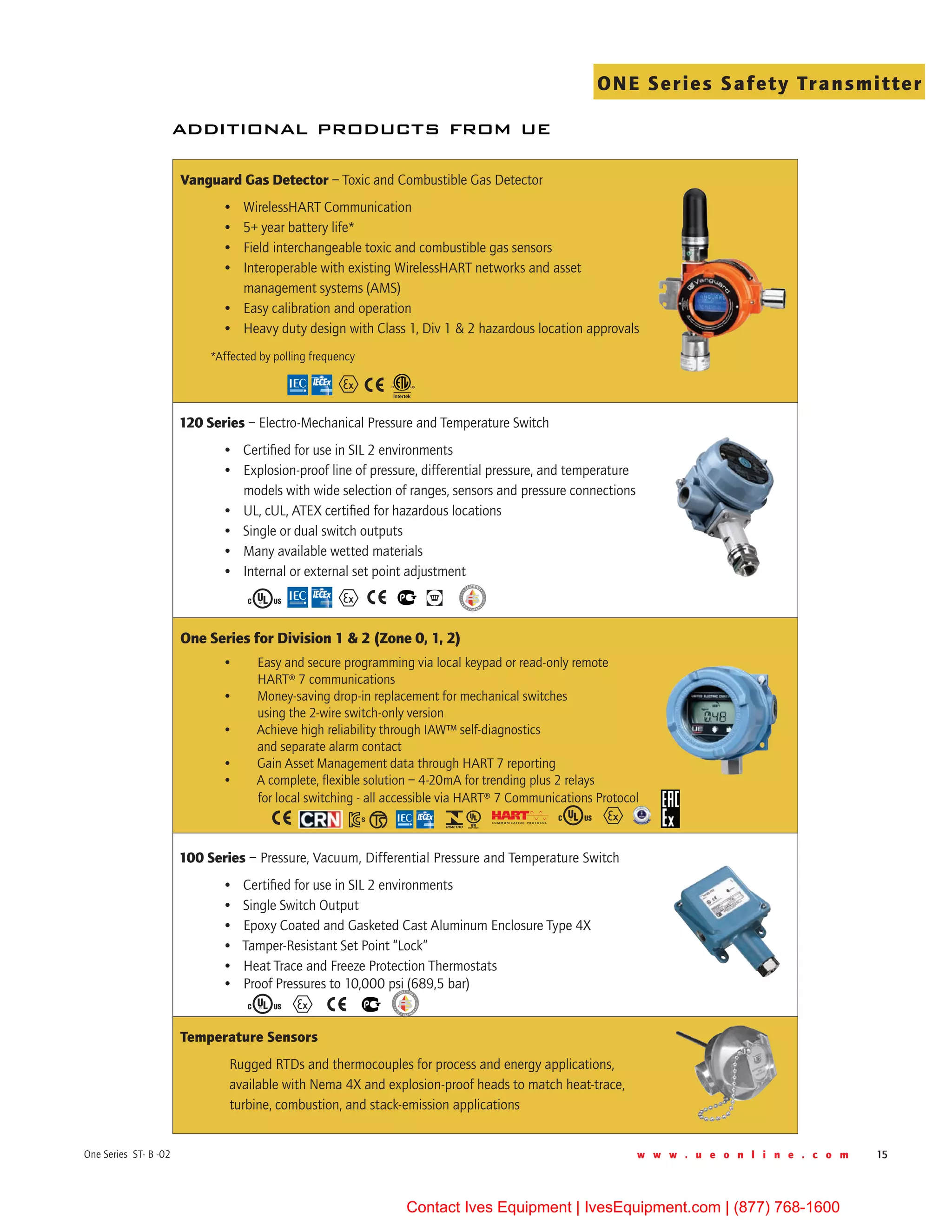 w w w . u e o n l i n e . c o m 15One Series ST- B -02
ONE Series Safety Transmitter
additional products from ue
Vanguard Gas Detector – Toxic and Combustible Gas Detector
•	 WirelessHART Communication
•	 5+ year battery life*
•	 Field interchangeable toxic and combustible gas sensors
•	 Interoperable with existing WirelessHART networks and asset 	
management systems (AMS)
•	 Easy calibration and operation
•	 Heavy duty design with Class 1, Div 1 & 2 hazardous location approvals
*Affected by polling frequency
120 Series – Electro-Mechanical Pressure and Temperature Switch
•	 Certified for use in SIL 2 environments
•	 Explosion-proof line of pressure, differential pressure, and temperature	
models with wide selection of ranges, sensors and pressure connections
•	 UL, cUL, ATEX certified for hazardous locations
•	 Single or dual switch outputs
•	 Many available wetted materials
•	 Internal or external set point adjustment
One Series for Division 1 & 2 (Zone 0, 1, 2)
•	 Easy and secure programming via local keypad or read-only remote 	
HART® 7 communications
•	 Money-saving drop-in replacement for mechanical switches 	
using the 2-wire switch-only version
•	 Achieve high reliability through IAW™ self-diagnostics 	
and separate alarm contact
•	 Gain Asset Management data through HART 7 reporting
•	 A complete, flexible solution – 4-20mA for trending plus 2 relays 	
for local switching - all accessible via HART® 7 Communications Protocol
100 Series – Pressure, Vacuum, Differential Pressure and Temperature Switch
•	 Certified for use in SIL 2 environments
•	 Single Switch Output
•	 Epoxy Coated and Gasketed Cast Aluminum Enclosure Type 4X
•	 Tamper-Resistant Set Point “Lock”
•	 Heat Trace and Freeze Protection Thermostats
•	 Proof Pressures to 10,000 psi (689,5 bar)
Temperature Sensors
Rugged RTDs and thermocouples for process and energy applications,
available with Nema 4X and explosion-proof heads to match heat-trace,
turbine, combustion, and stack-emission applications
Contact Ives Equipment | IvesEquipment.com | (877) 768-1600
 
