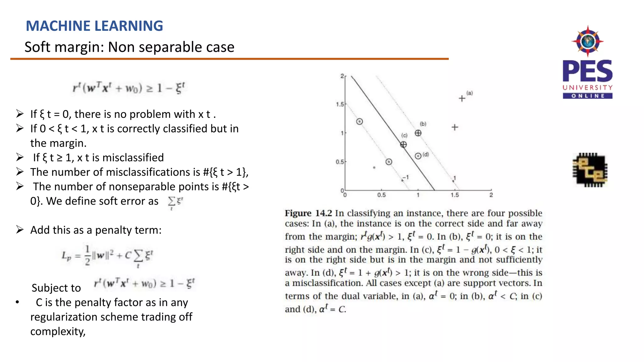 Soft margin: Non separable case
MACHINE LEARNING
 If ξ t = 0, there is no problem with x t .
 If 0 < ξ t < 1, x t is correctly classified but in
the margin.
 If ξ t ≥ 1, x t is misclassified
 The number of misclassifications is #{ξ t > 1},
 The number of nonseparable points is #{ξt >
0}. We define soft error as
 Add this as a penalty term:
Subject to
• C is the penalty factor as in any
regularization scheme trading off
complexity,
 