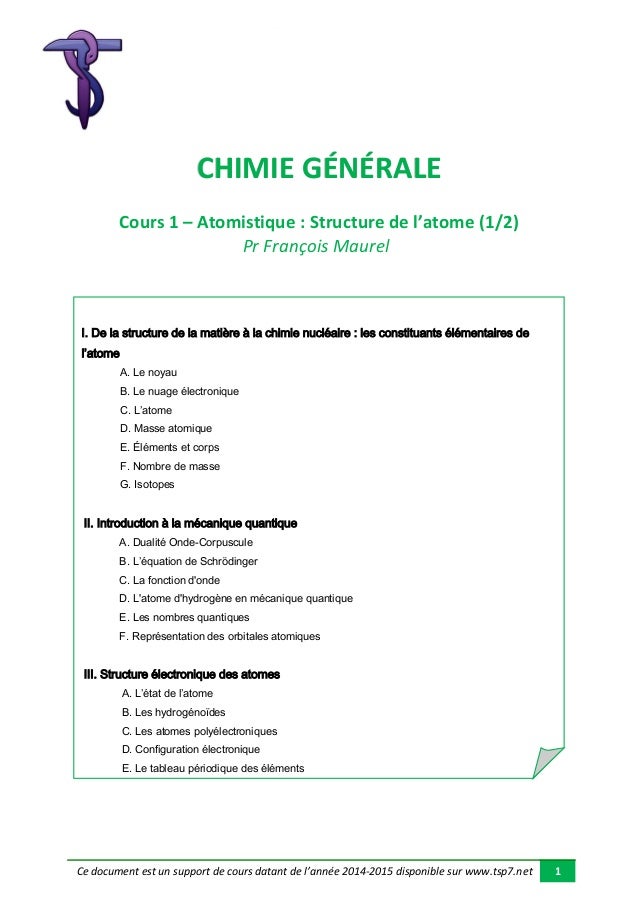 Ue1 Chimie Cours 1 Structure électronique Atomistique - 