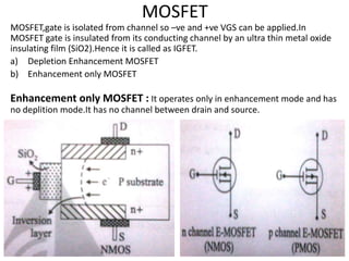 MOSFET
MOSFET,gate is isolated from channel so –ve and +ve VGS can be applied.In
MOSFET gate is insulated from its conducting channel by an ultra thin metal oxide
insulating film (SiO2).Hence it is called as IGFET.
a) Depletion Enhancement MOSFET
b) Enhancement only MOSFET
Enhancement only MOSFET : It operates only in enhancement mode and has
no deplition mode.It has no channel between drain and source.
 
