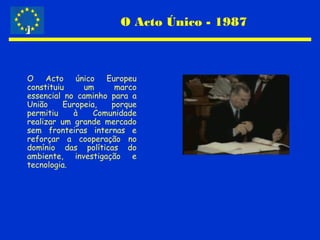 O Acto Único - 1987
O Acto único Europeu
constituiu um marco
essencial no caminho para a
União Europeia, porque
permitiu à Comunidade
realizar um grande mercado
sem fronteiras internas e
reforçar a cooperação no
domínio das políticas do
ambiente, investigação e
tecnologia.
 
