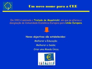 Um novo nome para a CEE
Em 1993 é assinado oo Tratado de MaTratado de Maastricht, em que se alterou a
designação de Comunidade Económica Europeia para União EuropeiaUnião Europeia.
Novos objectivos são estabelecidos:
Melhorar a Educação;
Melhorar a Saúde;
Criar uma Moeda Única.
Imagem: www.ciejdelors.pt
 