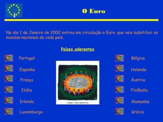 O Euro
No dia 1 de Janeiro de 2002 entrou em circulação o Euro, que veio substituir as
moedas nacionais de cada país.
Países aderentes
Portugal
Espanha
França
Itália
Irlanda
Luxemburgo
Bélgica
Holanda
Áustria
Finlândia
Alemanha
Grécia
Imagem: www.ciejdelors.pt
 