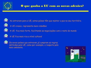 O que ganha a EU com as novas adesões?
Ao entrarem para a UE, estes países têm que manter a paz no seu território.
A UE cresce, representa mais cidadãos
A UE fica mais forte, facilitando as negociações com o resto do mundo
A UE fica mais rica a nível cultural
Os novos países que entraram já cumprem as regras
definidas pela UE, como por exemplo, o respeito pelo
meio ambiente.
Imagem: www.ciejdelors.pt
 