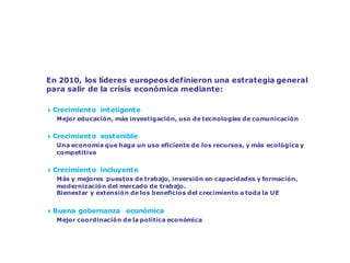 Europa 2020 – Estrategia de crecimiento de Europa




    En 2010, los líderes europeos definieron una estrategia general
    para salir de la crisis económica mediante:

    4 Crecimient o int eligent e
       Mejor educación, más investigación, uso de tecnologías de comunicación


    4 Crecimient o sost enible
      Una economía que haga un uso eficiente de los recursos, y más ecológica y
      competitiva


    4 Crecimient o incluyent e
      Más y mejores puestos de trabajo, inversión en capacidades y formación,
      modernización del mercado de trabajo.
      Bienestar y extensión de los beneficios del crecimiento a toda la UE


    4 Buena gobernanza económica
      Mejor coordinación de la política económica
 