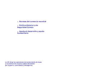 La UE, exportadora de paz y prosperidad




                  4   Normas del comercio mundial

                  4 Política Exterior y de
                  Seguridad Común

                  4 Ayuda al desarrollo y ayuda
                  humanitaria




La UE dirige las operaciones de mantenimiento de la paz
y reconstrucción social en países devastados
por la guerra, como Bosnia y Herzegovina.
 