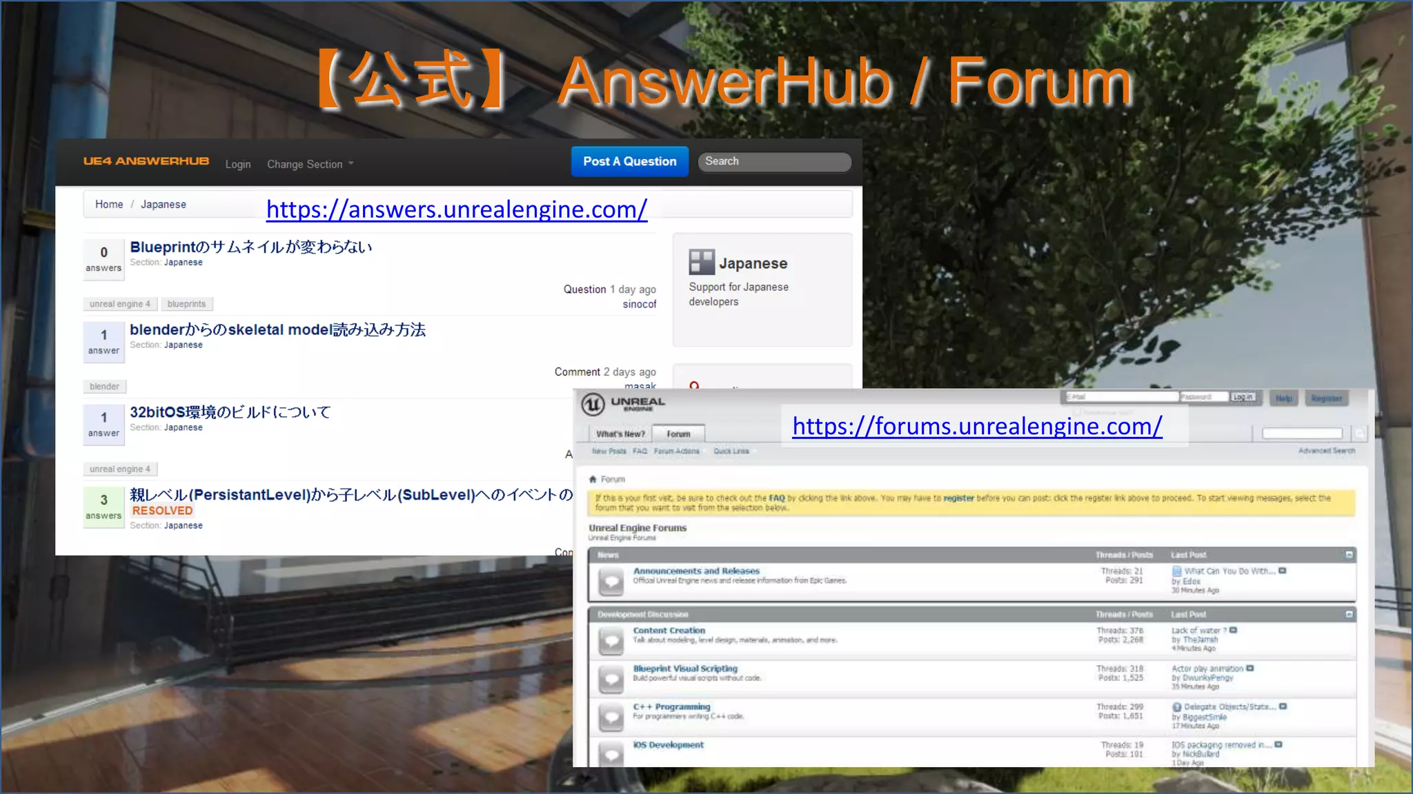 【公式】 AnswerHub / Forum
https://answers.unrealengine.com/
https://forums.unrealengine.com/
 