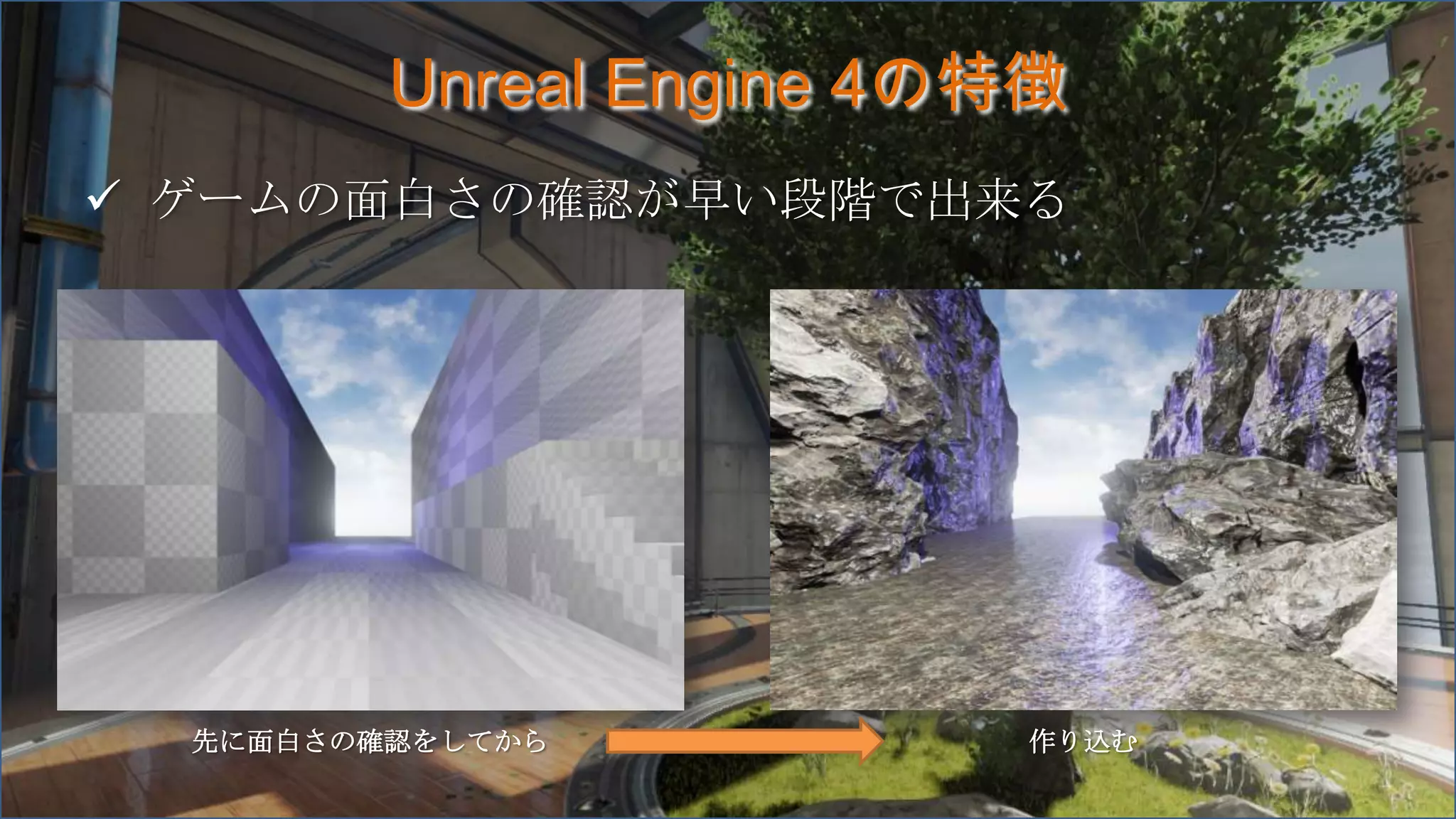 Unreal Engine 4の特徴
 ゲームの面白さの確認が早い段階で出来る
先に面白さの確認をしてから 作り込む
 