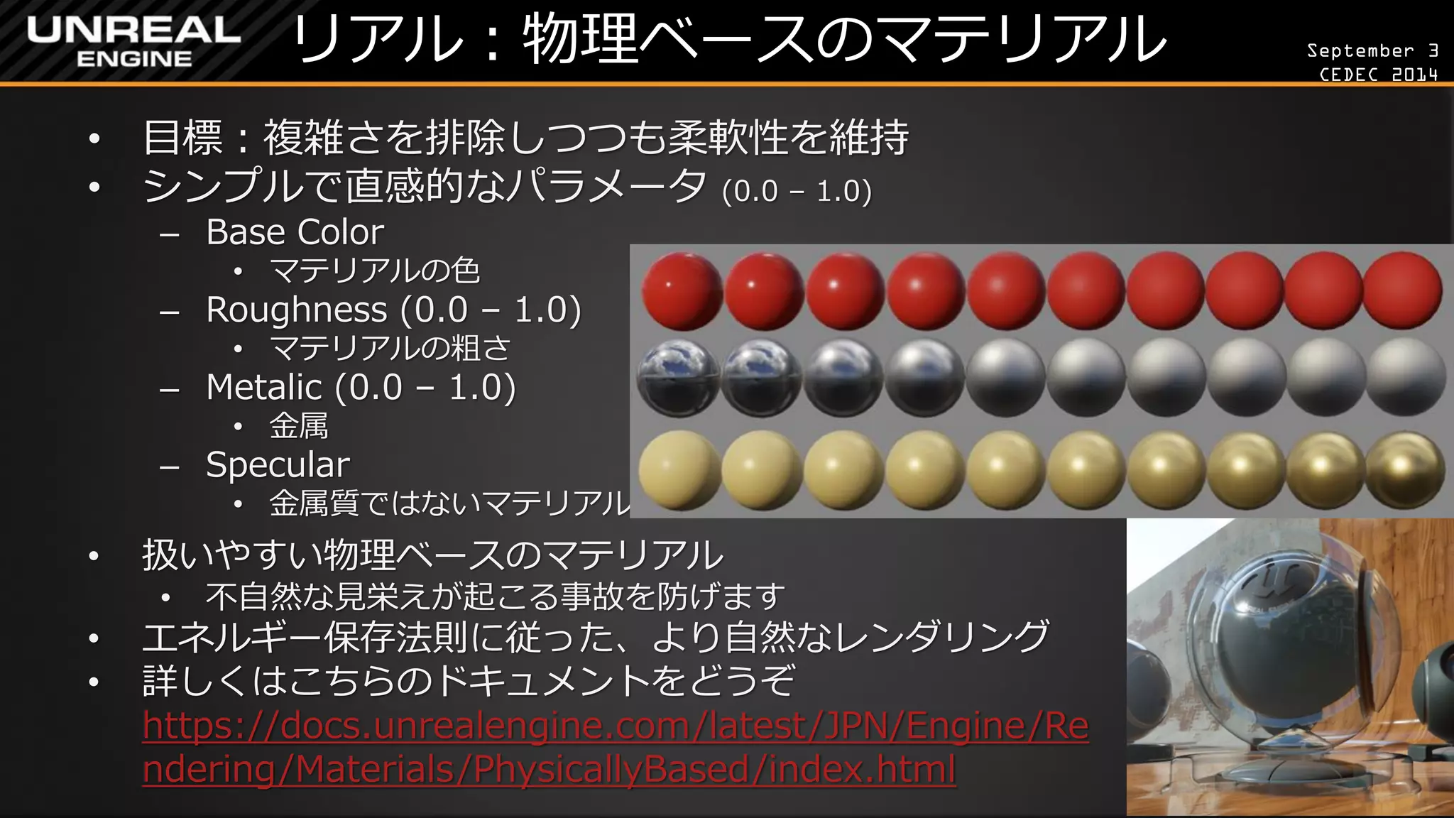 September 3 
CEDEC 2014 
リアル：物理ベースのマテリアル 
•目標：複雑さを排除しつつも柔軟性を維持 
•シンプルで直感的なパラメータ (0.0 – 1.0) 
–Base Color 
•マテリアルの色 
–Roughness (0.0 – 1.0) 
•マテリアルの粗さ 
–Metalic (0.0 – 1.0) 
•金属 
–Specular 
•金属質ではないマテリアルのスペキュラ 
•扱いやすい物理ベースのマテリアル 
•不自然な見栄えが起こる事故を防げます 
•エネルギー保存法則に従った、より自然なレンダリング 
•詳しくはこちらのドキュメントをどうぞ https://docs.unrealengine.com/latest/JPN/Engine/Rendering/Materials/PhysicallyBased/index.html  
