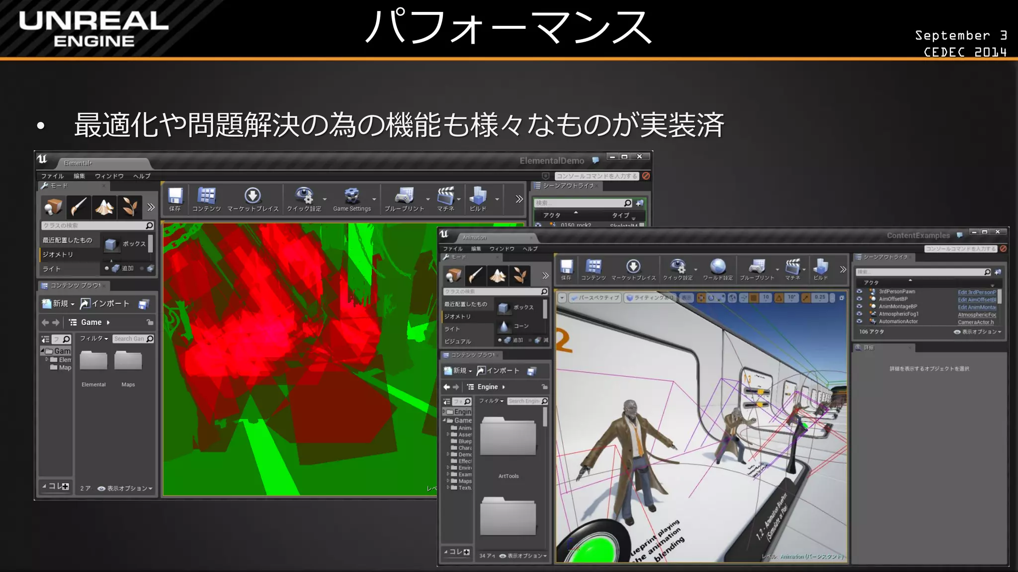 September 3 
CEDEC 2014 
パフォーマンス 
•最適化や問題解決の為の機能も様々なものが実装済  