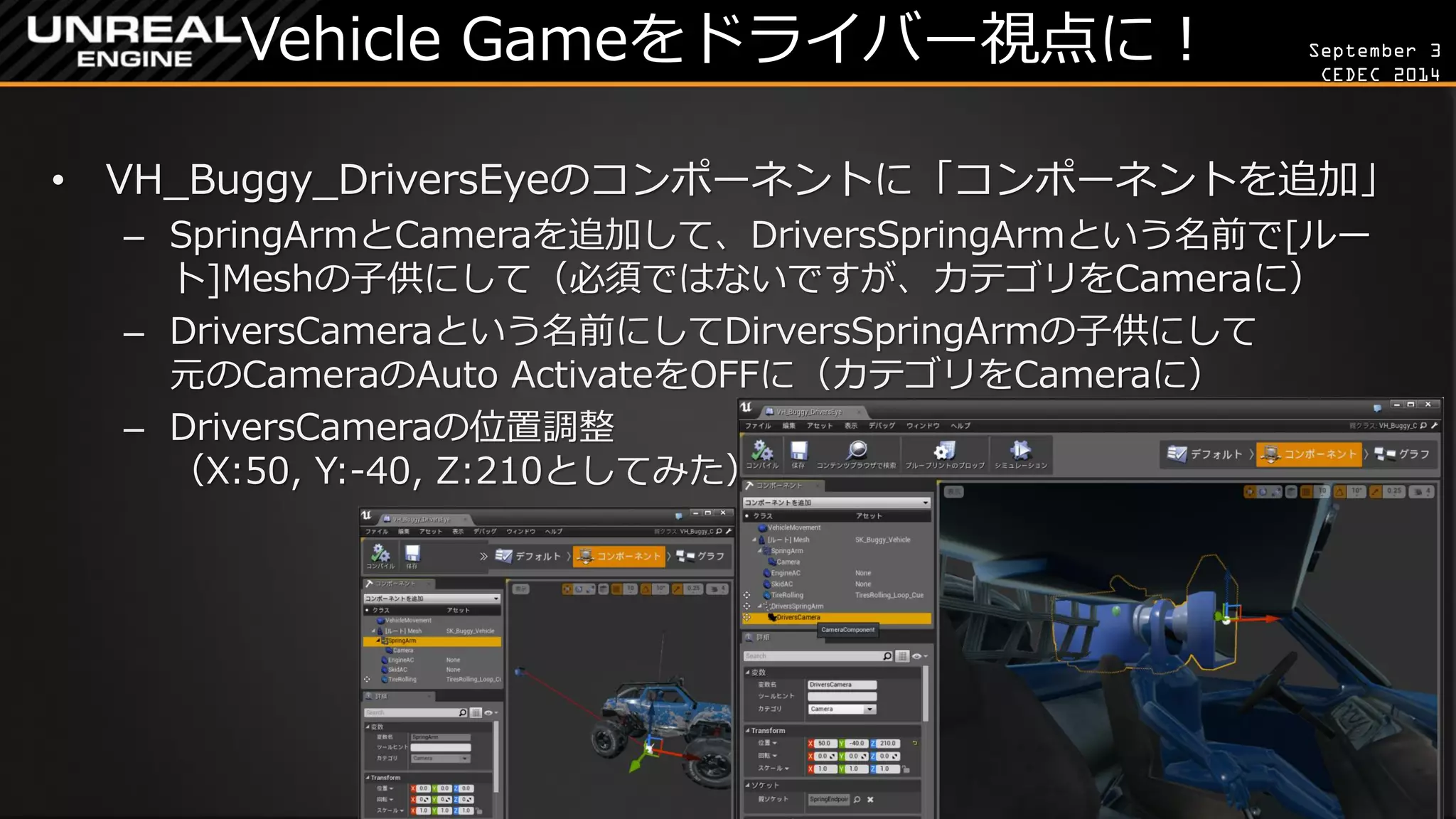September 3 
CEDEC 2014 
Vehicle Gameをドライバー視点に！ 
•VH_Buggy_DriversEyeのコンポーネントに「コンポーネントを追加」 
–SpringArmとCameraを追加して、DriversSpringArmという名前で[ルー ト]Meshの子供にして（必須ではないですが、カテゴリをCameraに） 
–DriversCameraという名前にしてDirversSpringArmの子供にして 元のCameraのAuto ActivateをOFFに（カテゴリをCameraに） 
–DriversCameraの位置調整 （X:50, Y:-40, Z:210としてみた）  