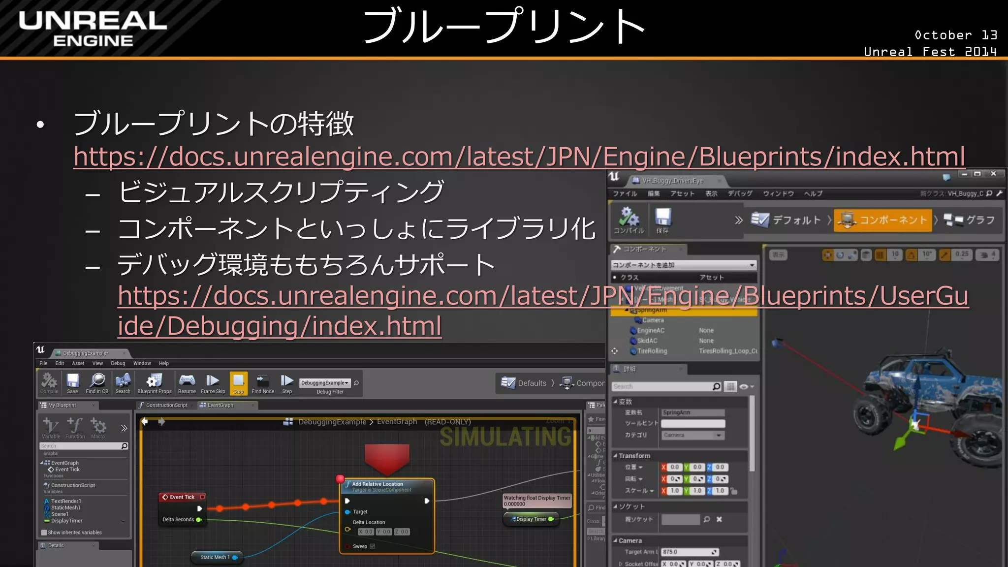 October 13 
Unreal Fest 2014 
ブループリント 
•ブループリントの特徴 https://docs.unrealengine.com/latest/JPN/Engine/Blueprints/index.html 
–ビジュアルスクリプティング 
–コンポーネントといっしょにライブラリ化 
–デバッグ環境ももちろんサポート https://docs.unrealengine.com/latest/JPN/Engine/Blueprints/UserGuide/Debugging/index.html  