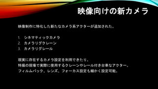 映像向けの新カメラ
映像制作に特化した新たなカメラ系アクターが追加された。
1. シネマティックカメラ
2. カメラリグクレーン
3. カメラリグレール
現実に存在するカメラ設定を利用できたり、
特撮の現場で実際に使用するクレーンやレール付き台車なアクター。
フィルムバック、レンズ、フォーカス設定も細かく設定可能。
 
