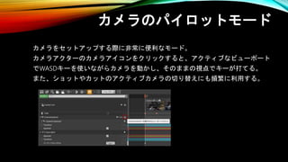 カメラのパイロットモード
カメラをセットアップする際に非常に便利なモード。
カメラアクターのカメラアイコンをクリックすると、アクティブなビューポート
でWASDキーを使いながらカメラを動かし、そのままの視点でキーが打てる。
また、ショットやカットのアクティブカメラの切り替えにも頻繁に利用する。
 